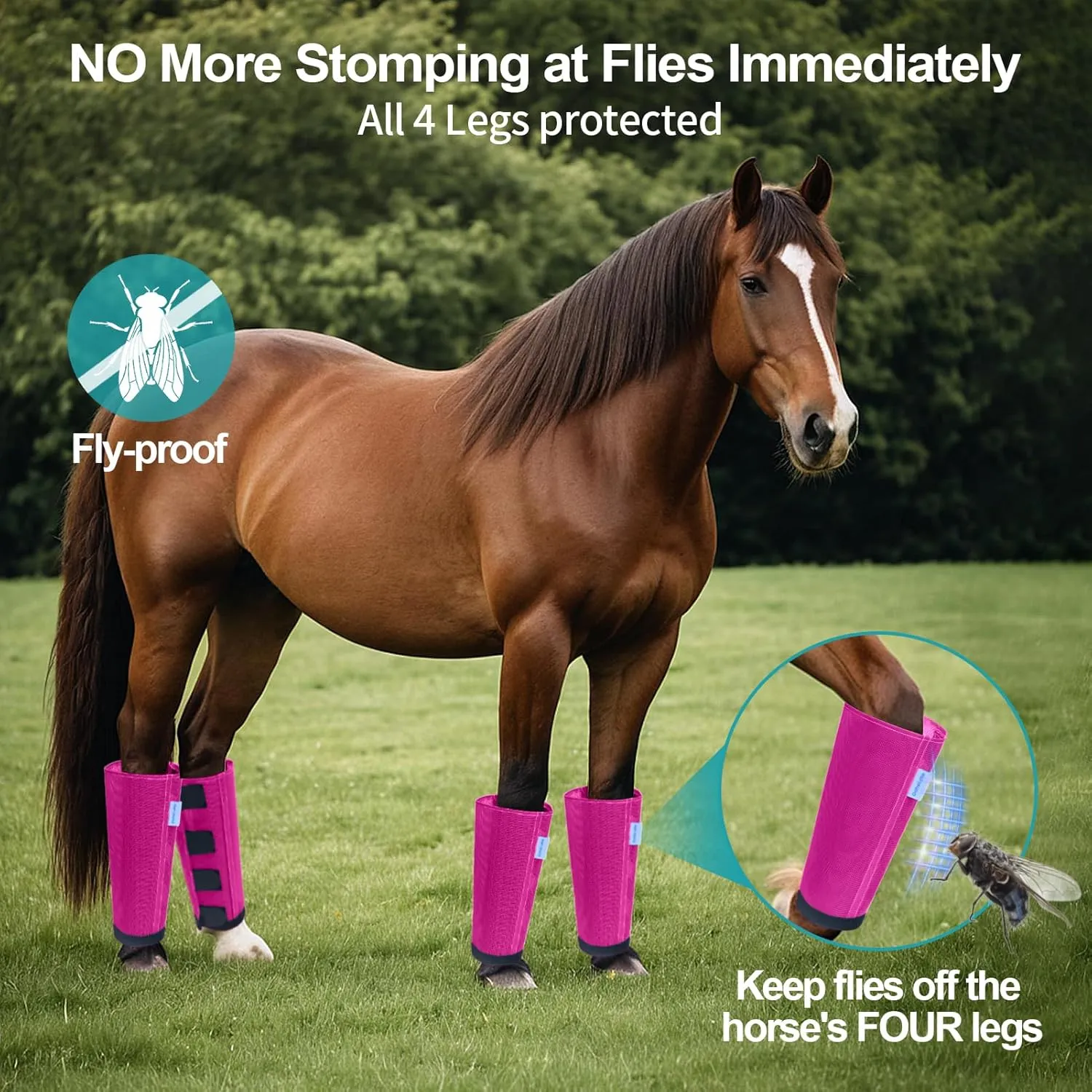 Mesh Horse Fly Boots Set of 4, Loose Fitting Leggings for Horses, Reduce Stressful Stomping, Breathable Adjustable and Universal Fit for 4 Legs, Reliable Stay Put (Pink)