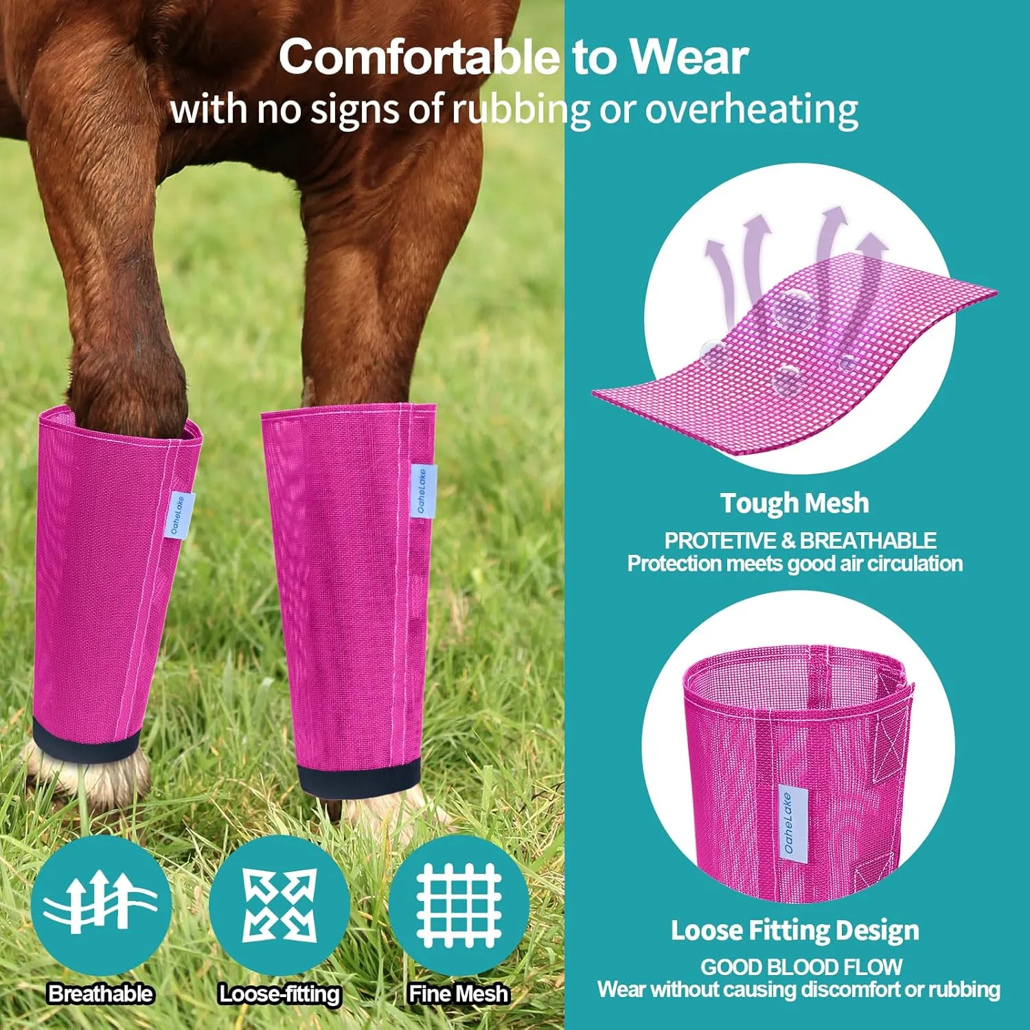 Mesh Horse Fly Boots Set of 4, Loose Fitting Leggings for Horses, Reduce Stressful Stomping, Breathable Adjustable and Universal Fit for 4 Legs, Reliable Stay Put (Pink)