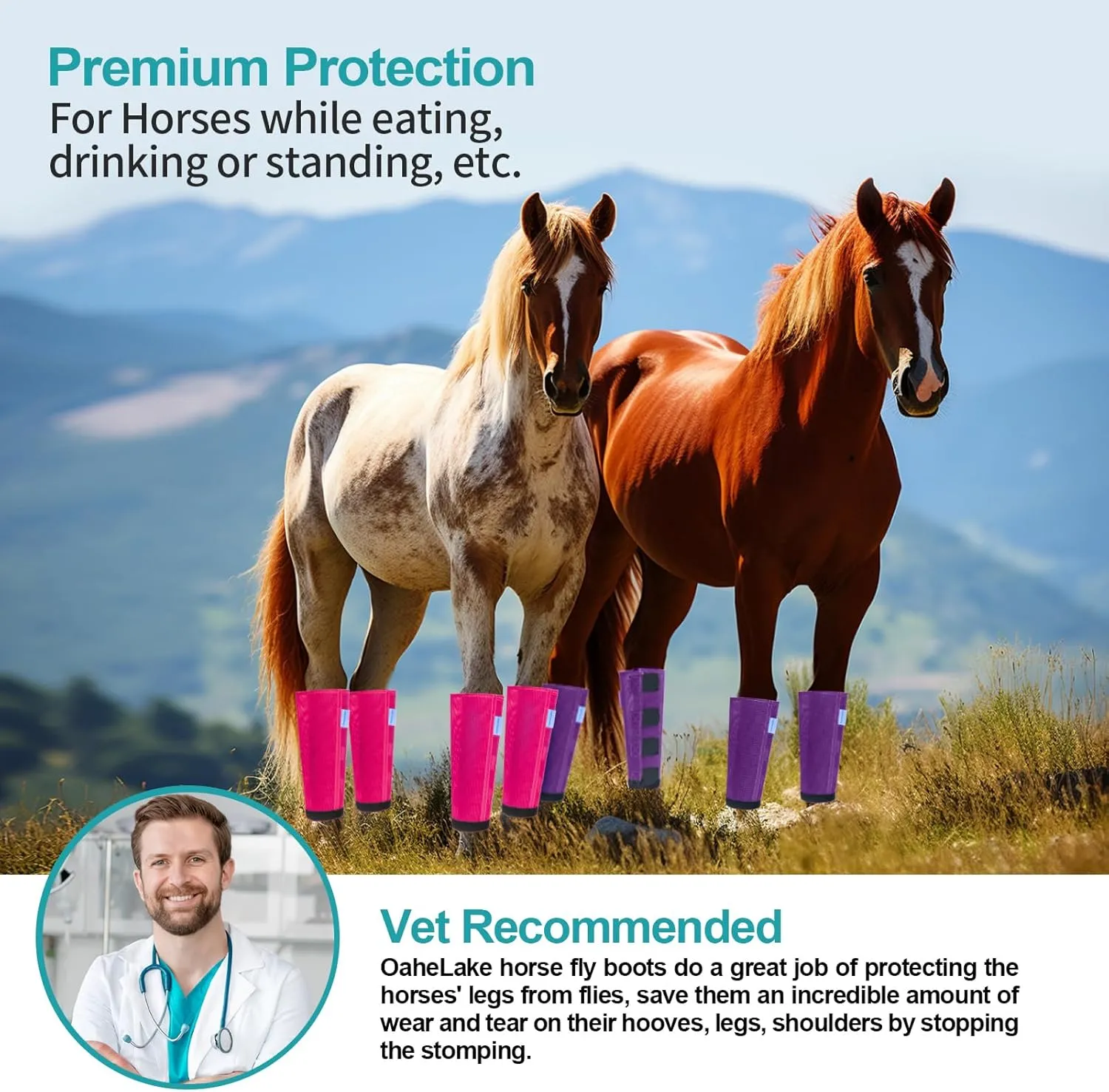 Mesh Horse Fly Boots Set of 4, Loose Fitting Leggings for Horses, Reduce Stressful Stomping, Breathable Adjustable and Universal Fit for 4 Legs, Reliable Stay Put (Purple)