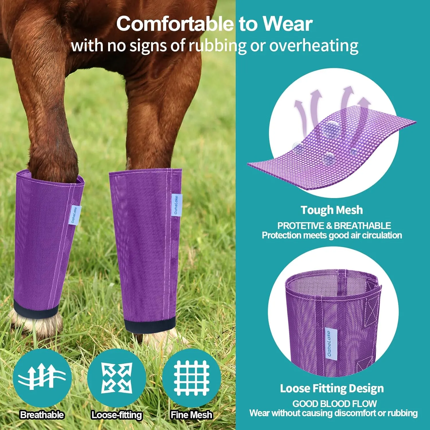 Mesh Horse Fly Boots Set of 4, Loose Fitting Leggings for Horses, Reduce Stressful Stomping, Breathable Adjustable and Universal Fit for 4 Legs, Reliable Stay Put (Purple)
