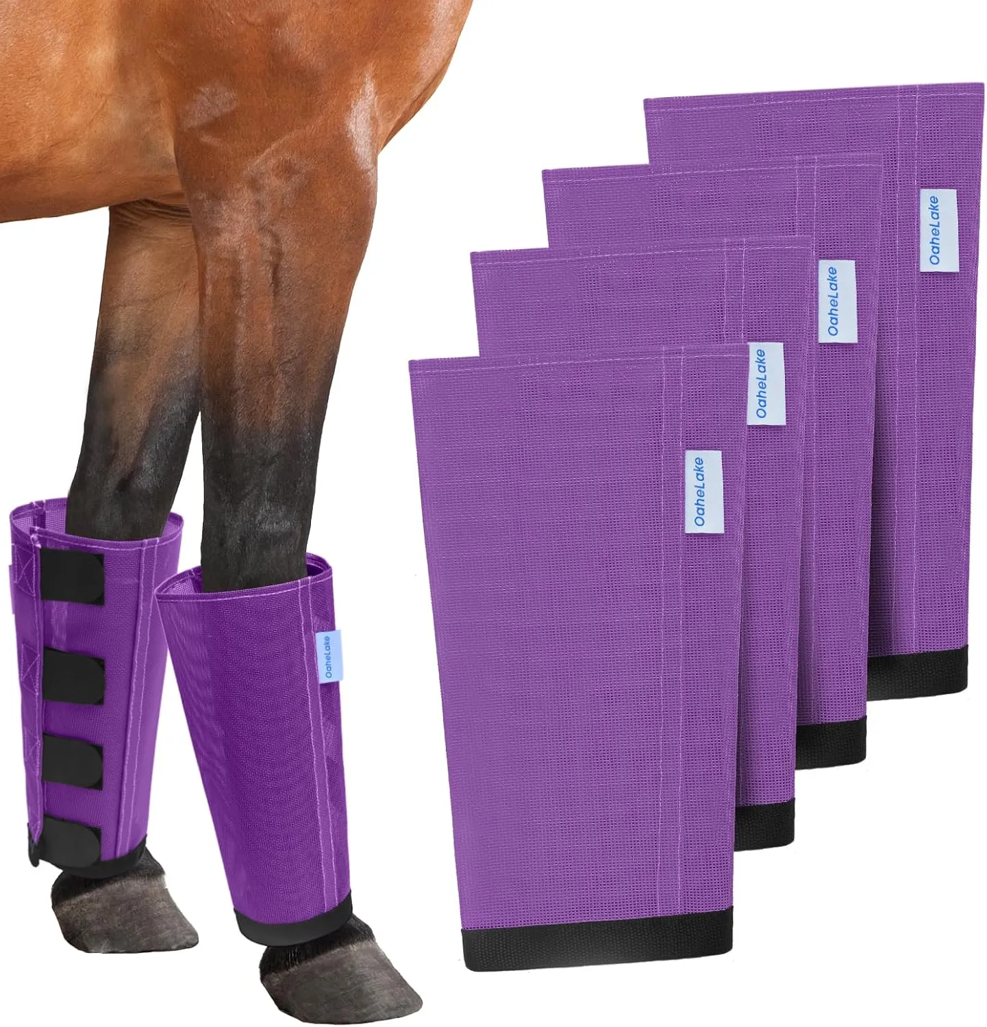 Mesh Horse Fly Boots Set of 4, Loose Fitting Leggings for Horses, Reduce Stressful Stomping, Breathable Adjustable and Universal Fit for 4 Legs, Reliable Stay Put (Purple)
