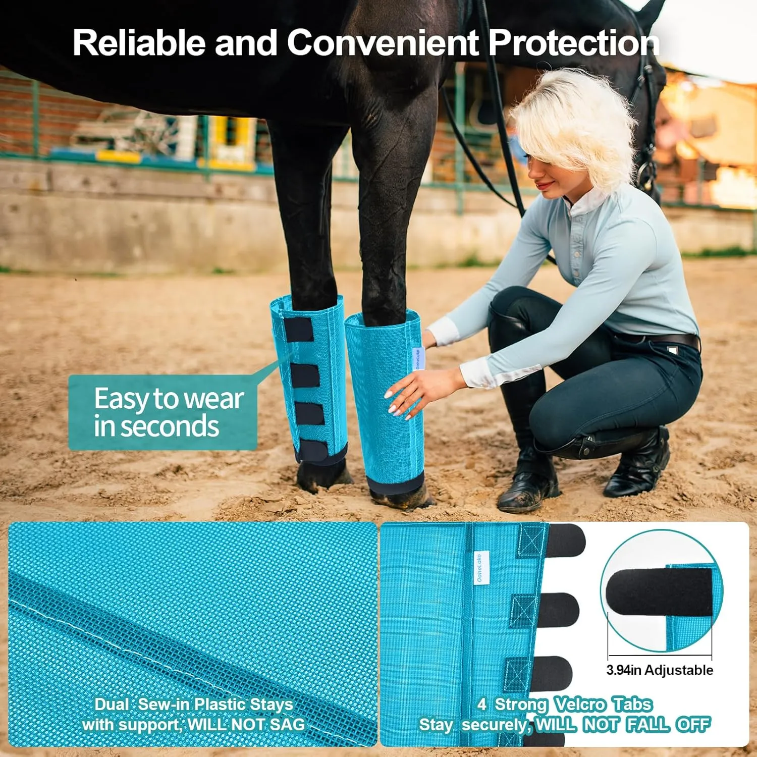 Mesh Horse Fly Boots Set of 4, Loose Fitting Leggings for Horses, Reduce Stressful Stomping, Breathable Adjustable and Universal Fit for 4 Legs, Reliable Stay Put (Sky Blue)