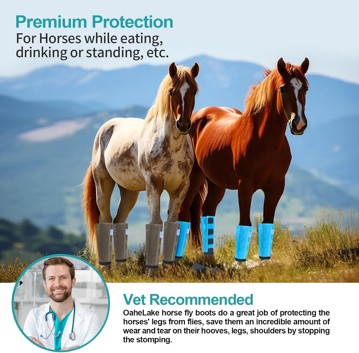Mesh Horse Fly Boots Set of 4, Loose Fitting Leggings for Horses, Reduce Stressful Stomping, Breathable Adjustable and Universal Fit for 4 Legs, Reliable Stay Put (Sky Blue)