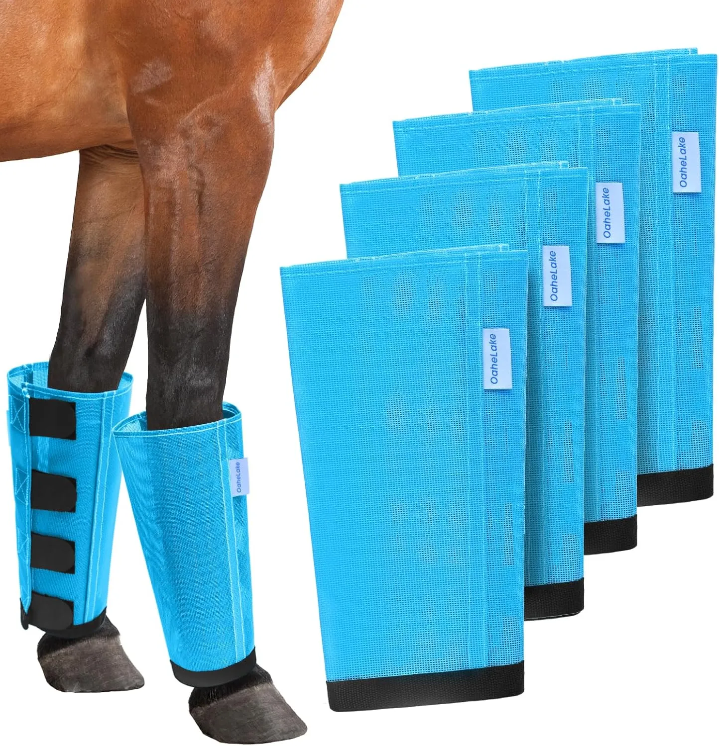 Mesh Horse Fly Boots Set of 4, Loose Fitting Leggings for Horses, Reduce Stressful Stomping, Breathable Adjustable and Universal Fit for 4 Legs, Reliable Stay Put (Sky Blue)