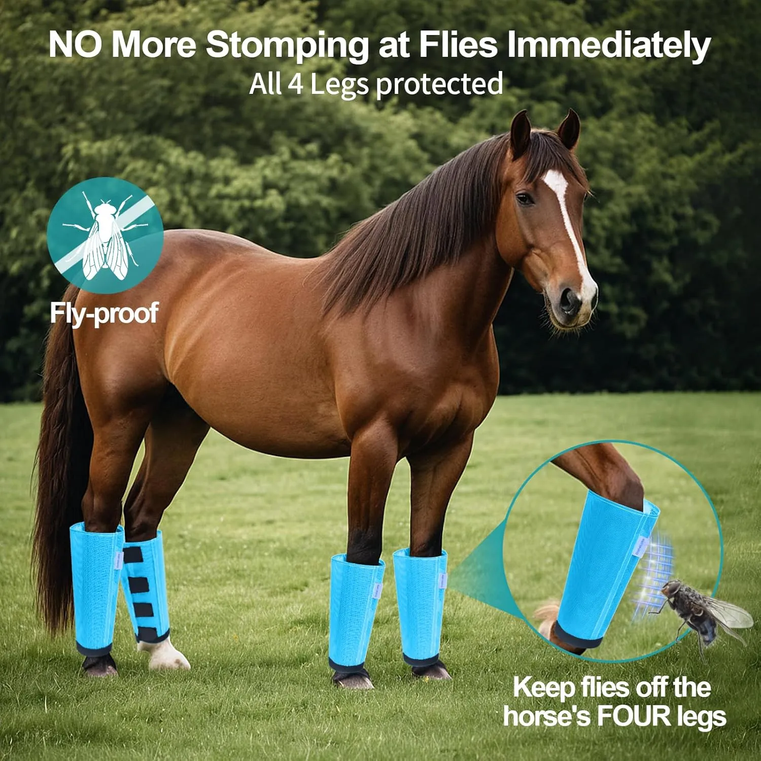 Mesh Horse Fly Boots Set of 4, Loose Fitting Leggings for Horses, Reduce Stressful Stomping, Breathable Adjustable and Universal Fit for 4 Legs, Reliable Stay Put (Sky Blue)