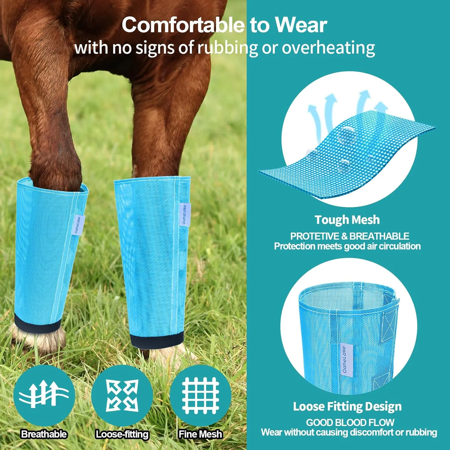 Mesh Horse Fly Boots Set of 4, Loose Fitting Leggings for Horses, Reduce Stressful Stomping, Breathable Adjustable and Universal Fit for 4 Legs, Reliable Stay Put (Sky Blue)