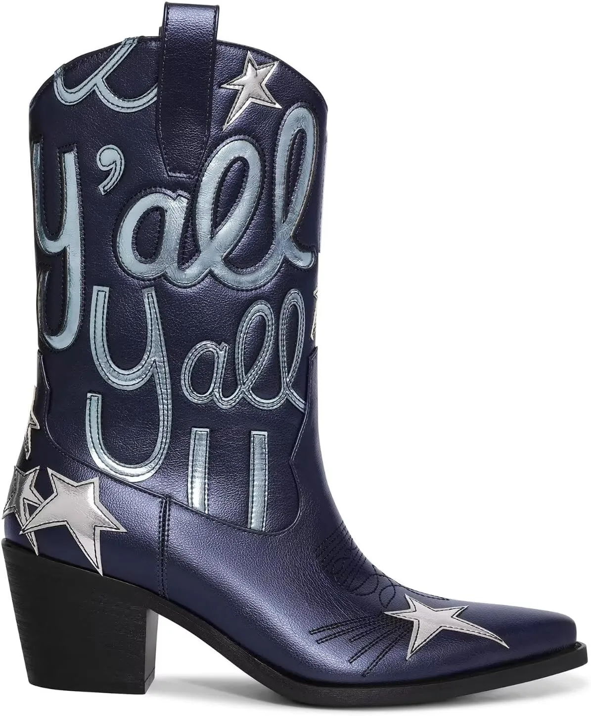 Metallic Cowboy boots for Women Mid Calf Low Heel Pointed Toe Womens Cowgirl Boots Fashion Embroidery Western Pull On Boots