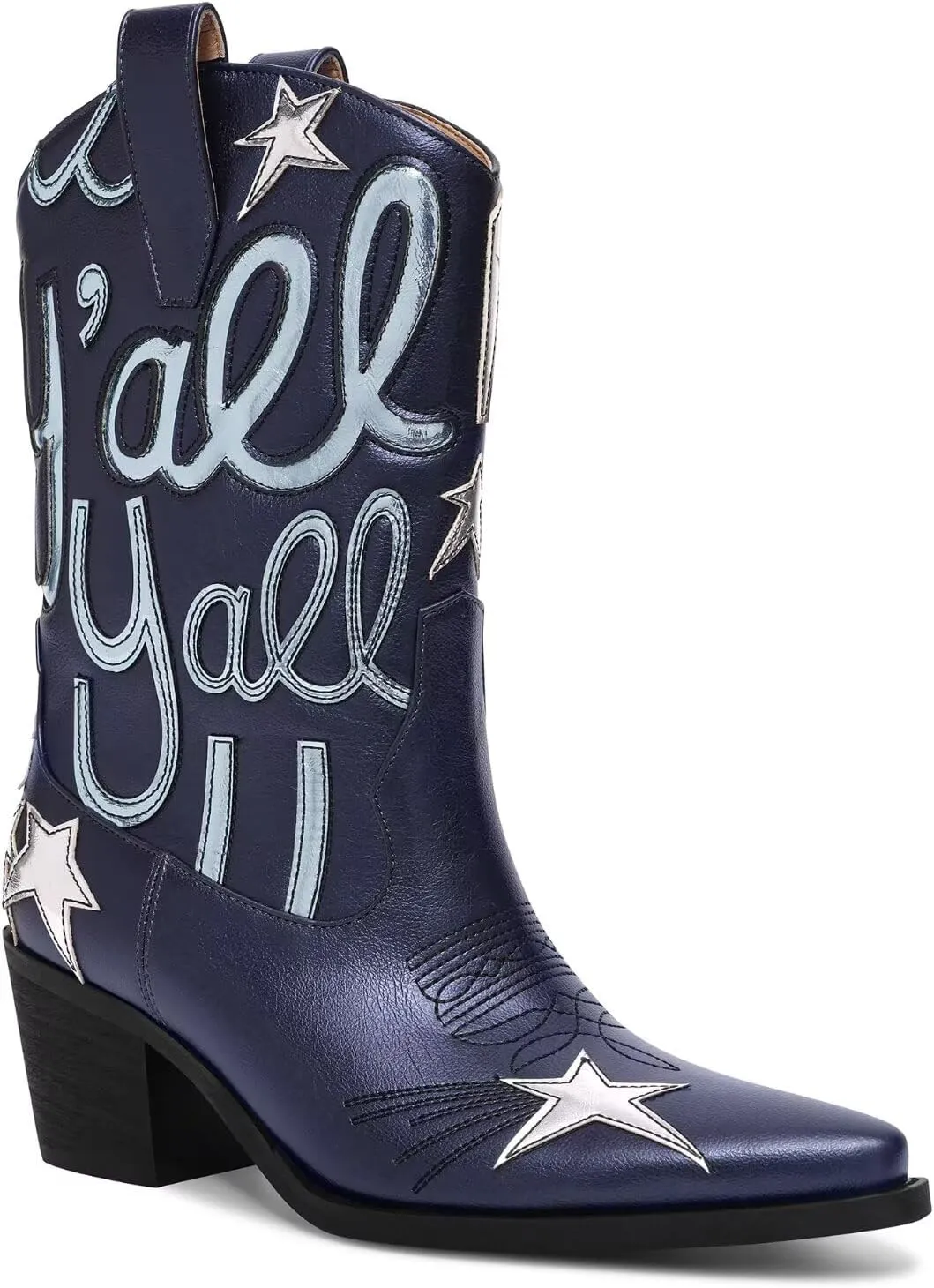 Metallic Cowboy boots for Women Mid Calf Low Heel Pointed Toe Womens Cowgirl Boots Fashion Embroidery Western Pull On Boots