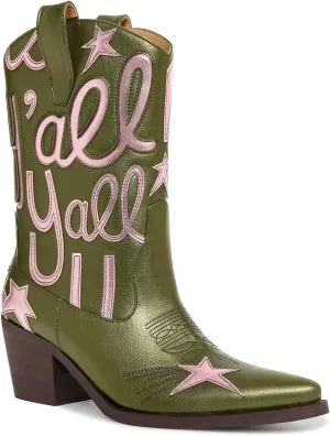 Metallic Cowboy boots for Women Mid Calf Low Heel Pointed Toe Womens Cowgirl Boots Fashion Embroidery Western Pull On Boots