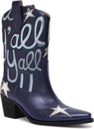 Metallic Cowboy boots for Women Mid Calf Low Heel Pointed Toe Womens Cowgirl Boots Fashion Embroidery Western Pull On Boots