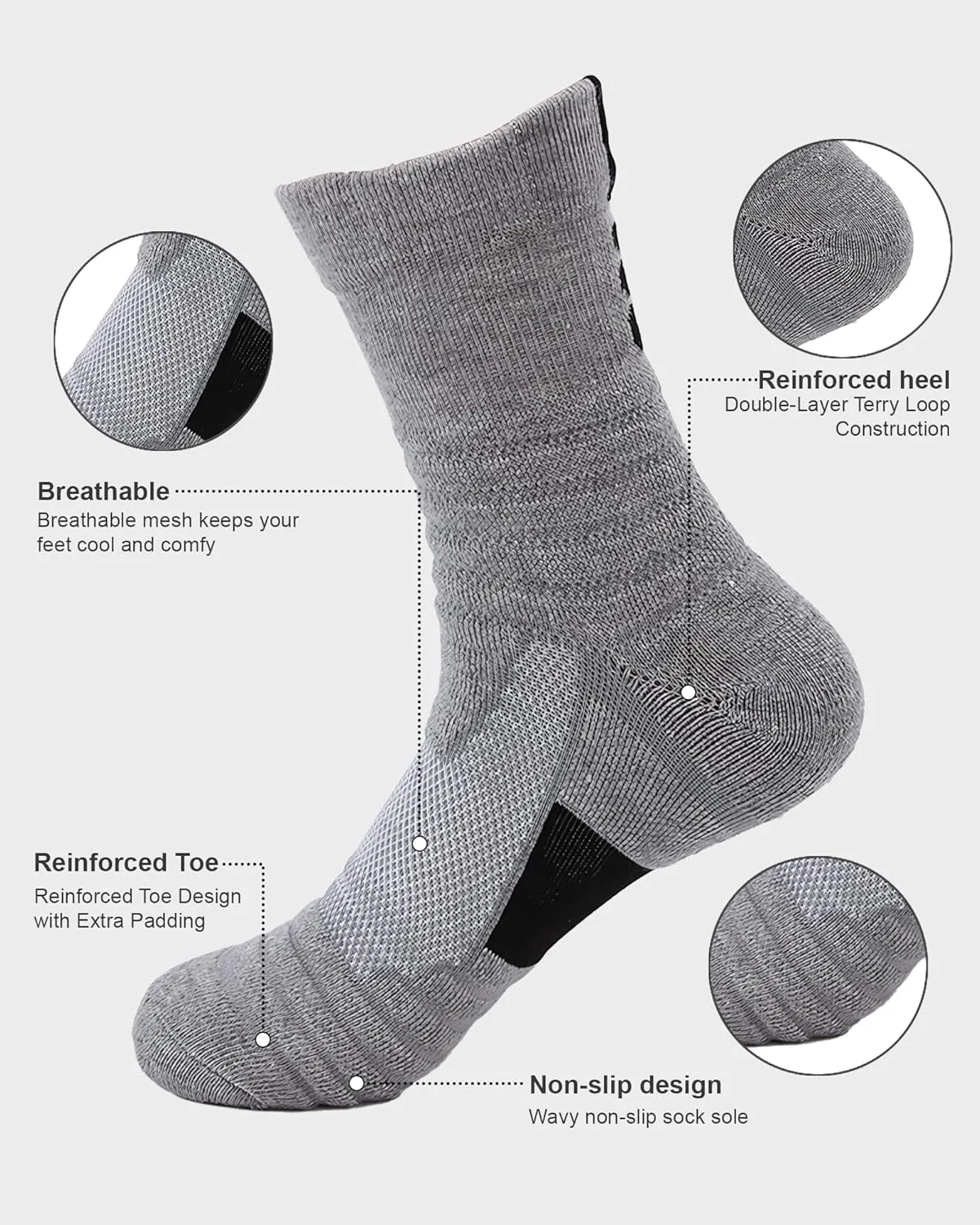 Mid-Crew Basketball Socks 6 Pairs - Arch Support Non-Slip Socks with Cushioned Sole & Mesh Ventilation for Men/Women