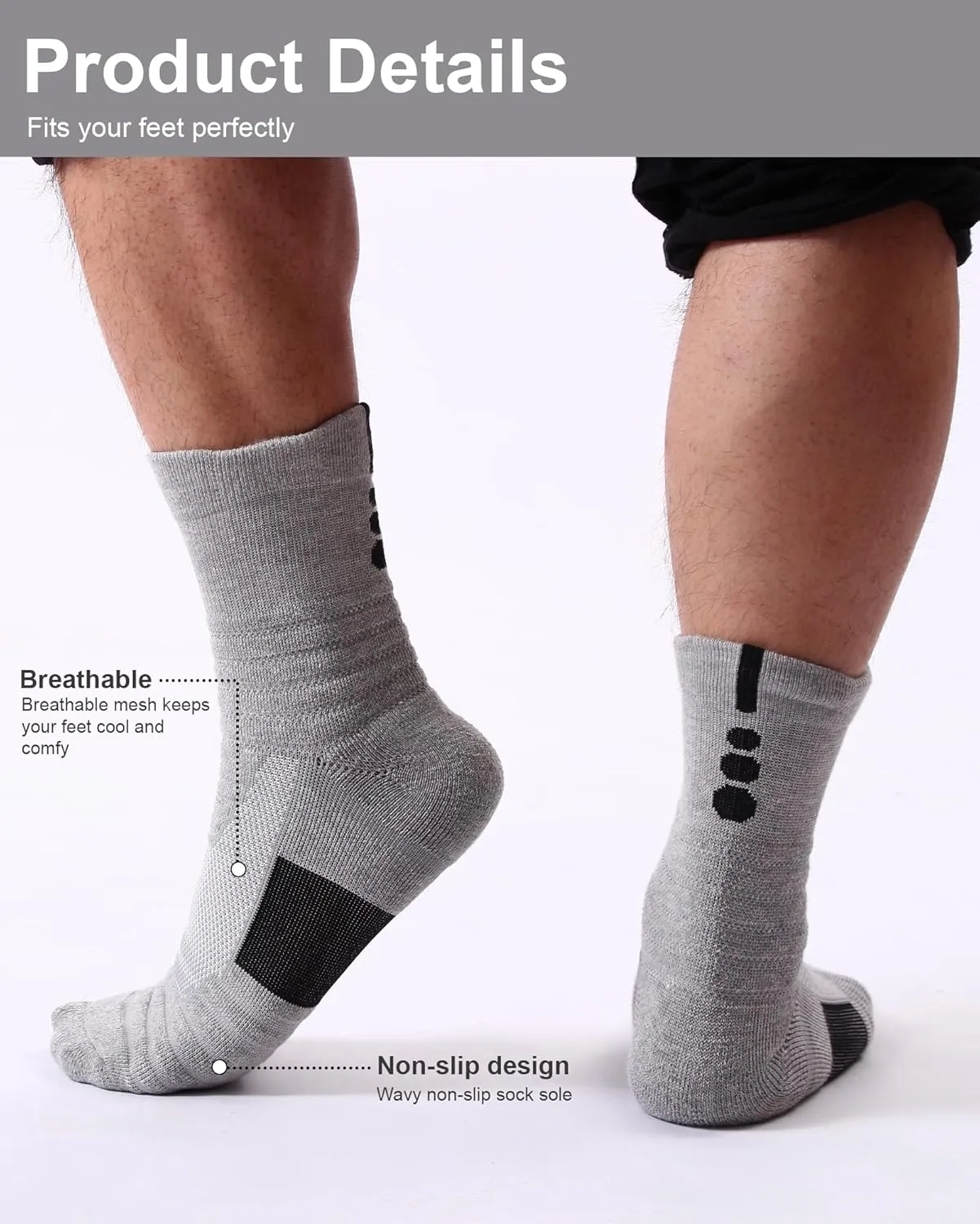 Mid-Crew Basketball Socks 6 Pairs - Arch Support Non-Slip Socks with Cushioned Sole & Mesh Ventilation for Men/Women