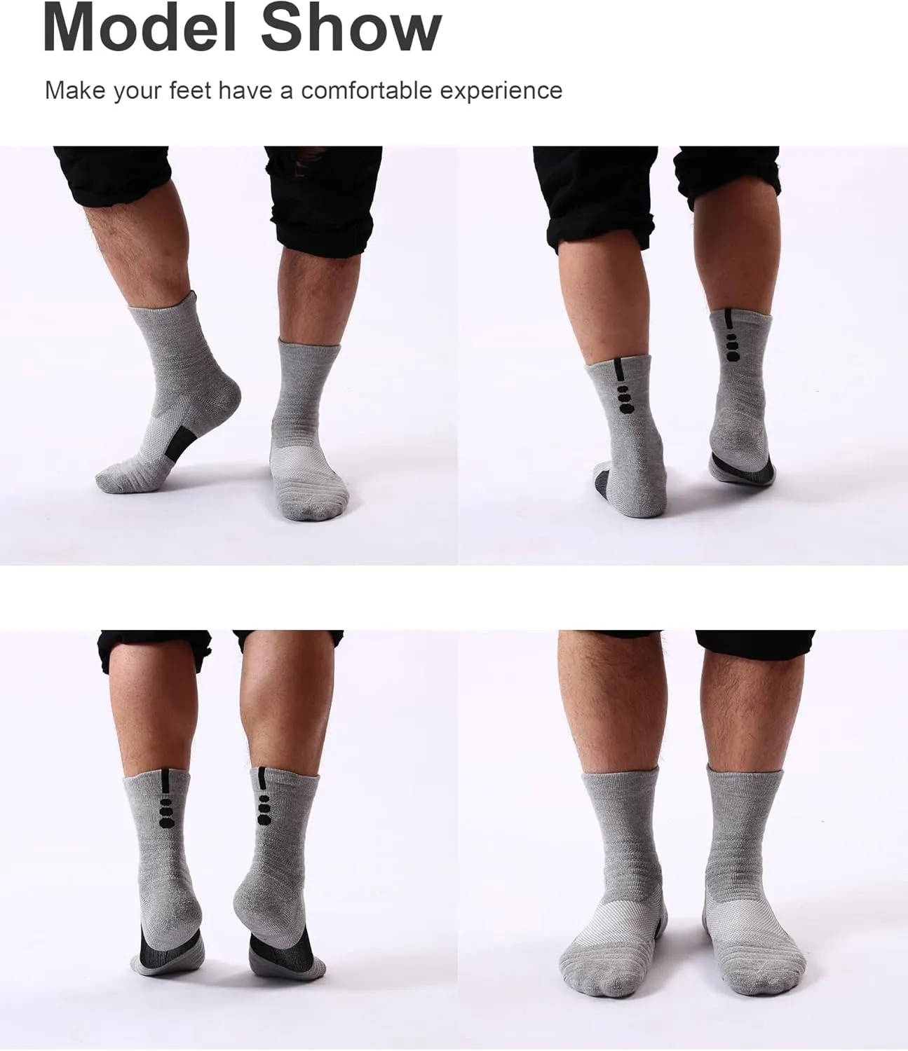 Mid-Crew Basketball Socks 6 Pairs - Arch Support Non-Slip Socks with Cushioned Sole & Mesh Ventilation for Men/Women