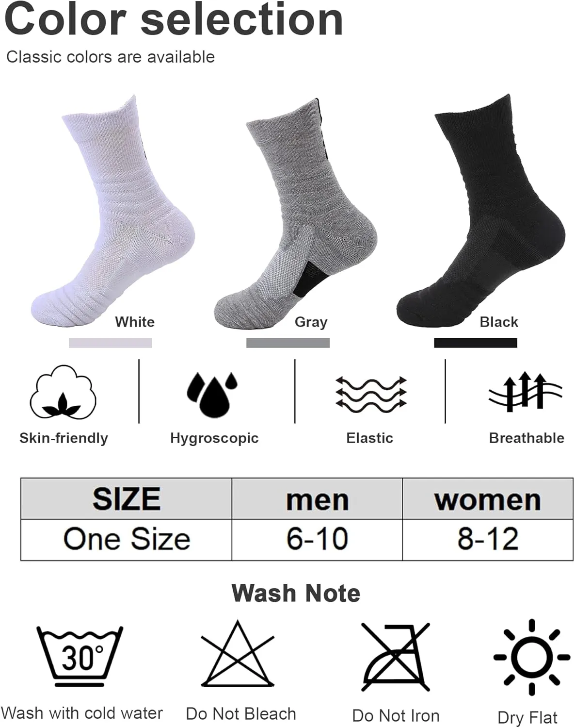 Mid-Crew Basketball Socks 6 Pairs - Arch Support Non-Slip Socks with Cushioned Sole & Mesh Ventilation for Men/Women