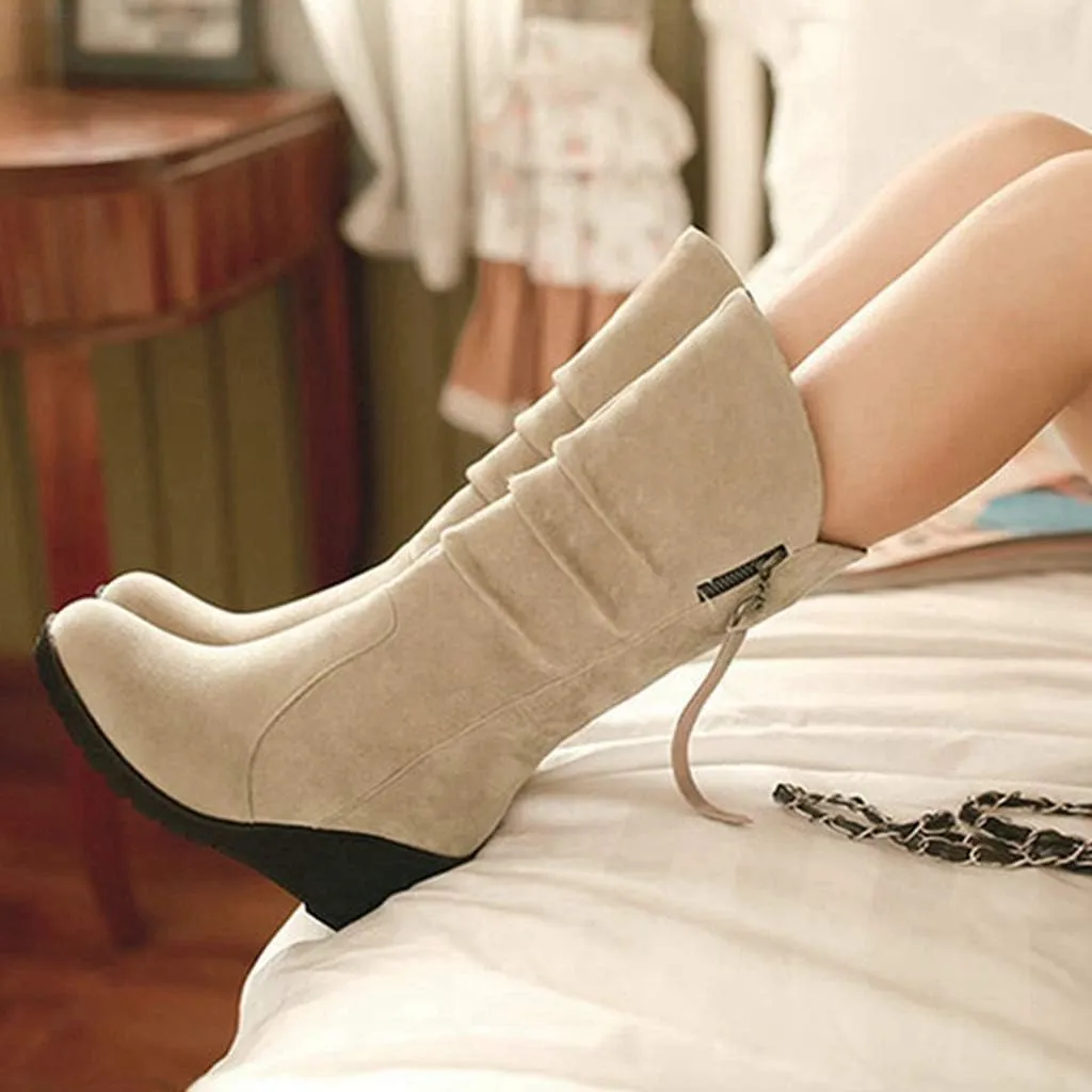 MIOKE Women's Wedge Slouch Mid Calf Boots Suede Round Toe Wide Width Platform High Heel Tassel Dress Boots