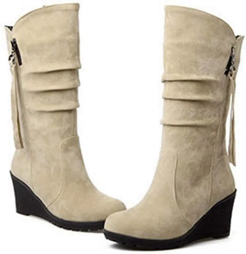 MIOKE Women's Wedge Slouch Mid Calf Boots Suede Round Toe Wide Width Platform High Heel Tassel Dress Boots