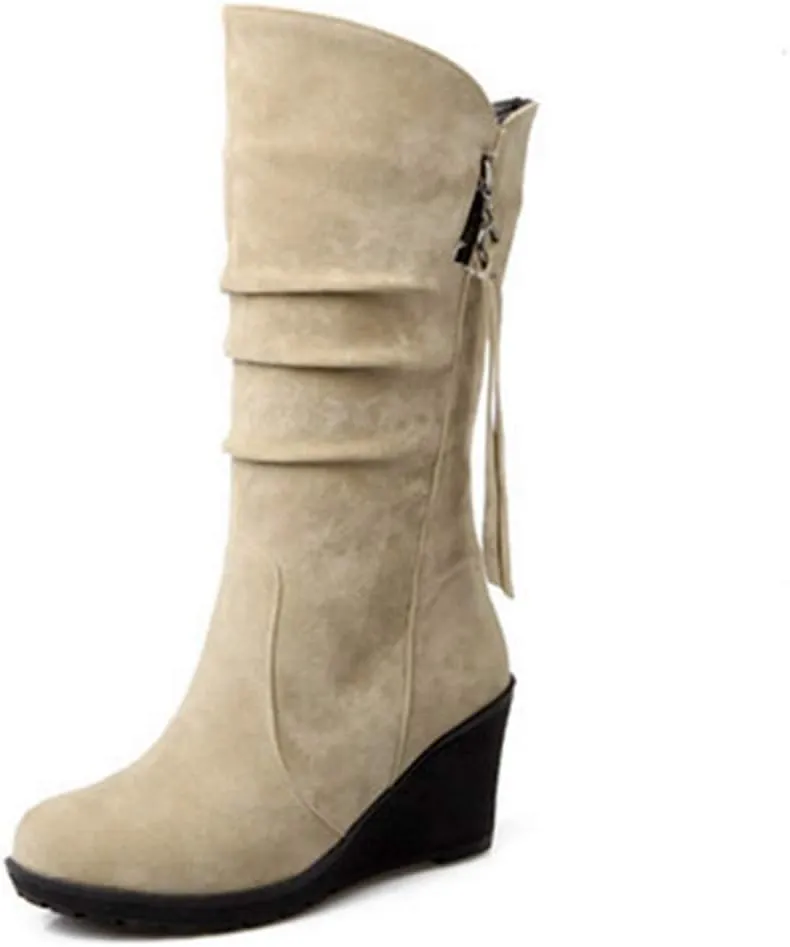 MIOKE Women's Wedge Slouch Mid Calf Boots Suede Round Toe Wide Width Platform High Heel Tassel Dress Boots