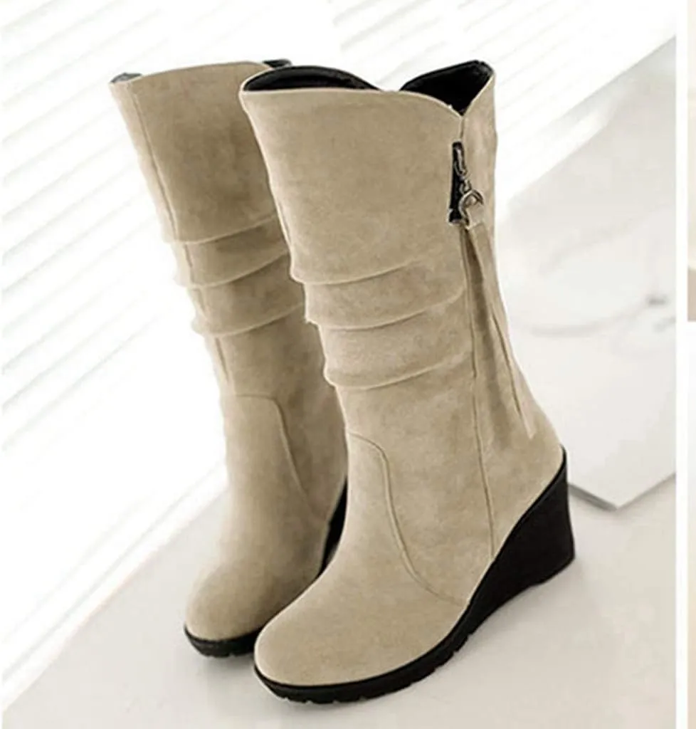 MIOKE Women's Wedge Slouch Mid Calf Boots Suede Round Toe Wide Width Platform High Heel Tassel Dress Boots