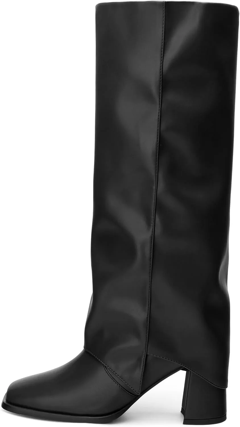 MODENCOCO Women's Knee High Boots Fold Over Wide Calf Boots Square Toe Chunky Block High Heels Long Boots Comfortable Dress Fashion Tall Boots