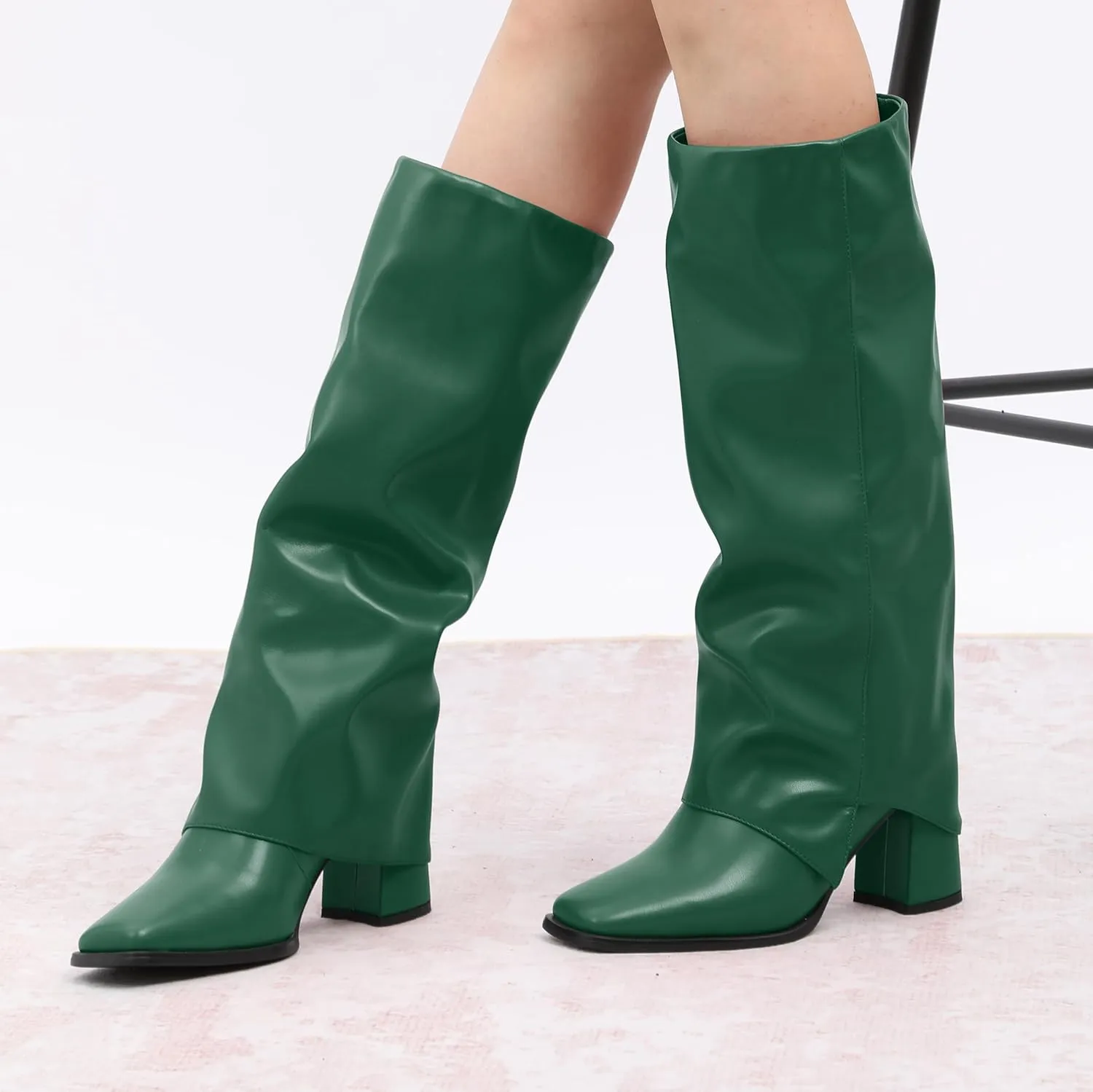 MODENCOCO Women's Knee High Boots Fold Over Wide Calf Boots Square Toe Chunky Block High Heels Long Boots Comfortable Dress Fashion Tall Boots