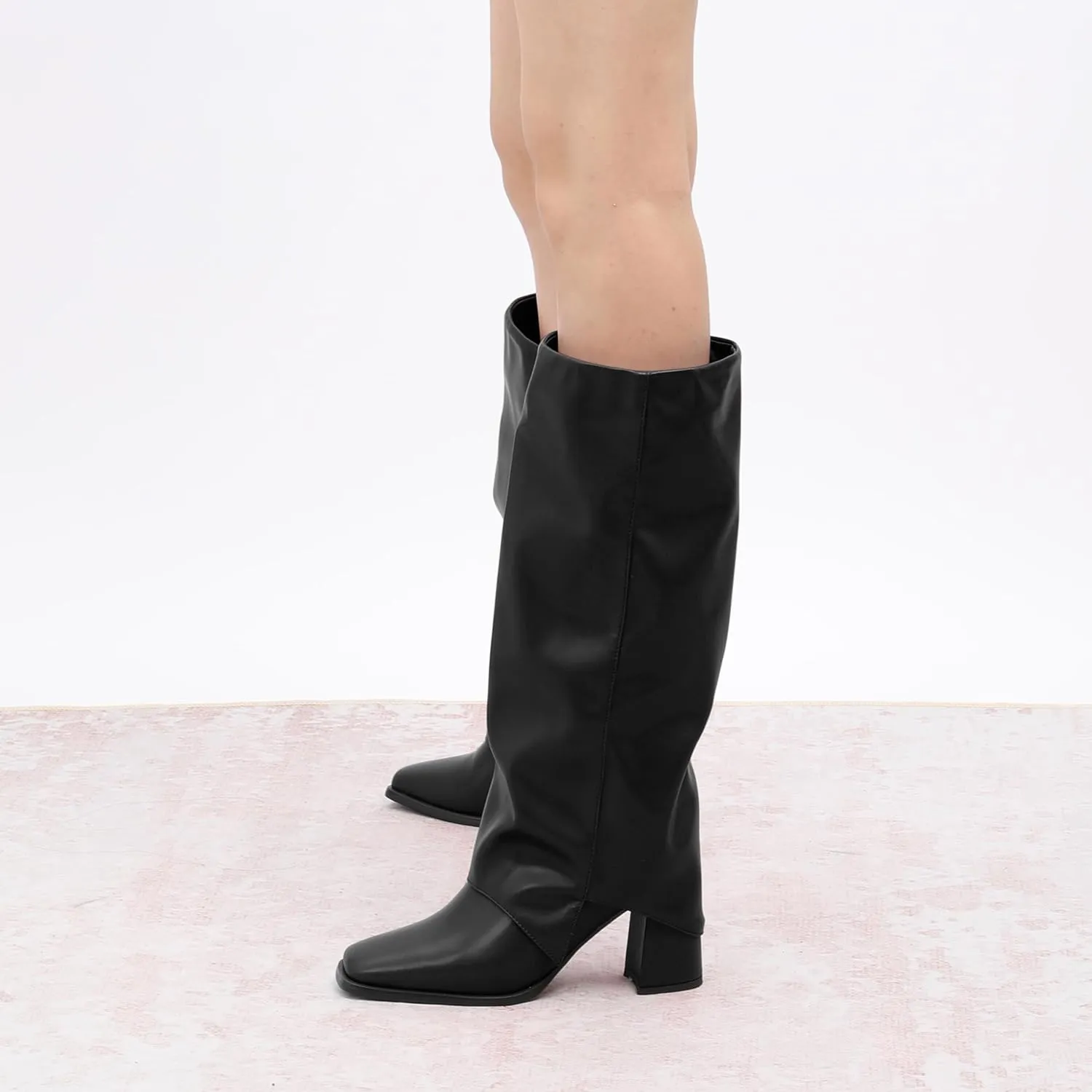 MODENCOCO Women's Knee High Boots Fold Over Wide Calf Boots Square Toe Chunky Block High Heels Long Boots Comfortable Dress Fashion Tall Boots