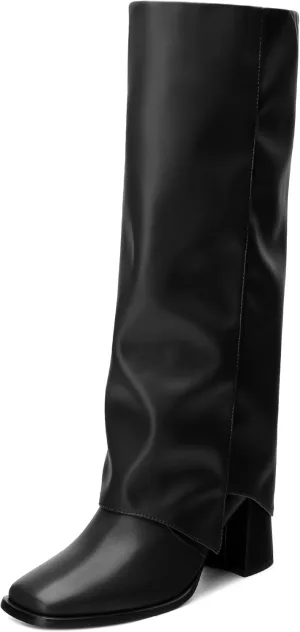 MODENCOCO Women's Knee High Boots Fold Over Wide Calf Boots Square Toe Chunky Block High Heels Long Boots Comfortable Dress Fashion Tall Boots