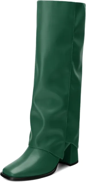 MODENCOCO Women's Knee High Boots Fold Over Wide Calf Boots Square Toe Chunky Block High Heels Long Boots Comfortable Dress Fashion Tall Boots