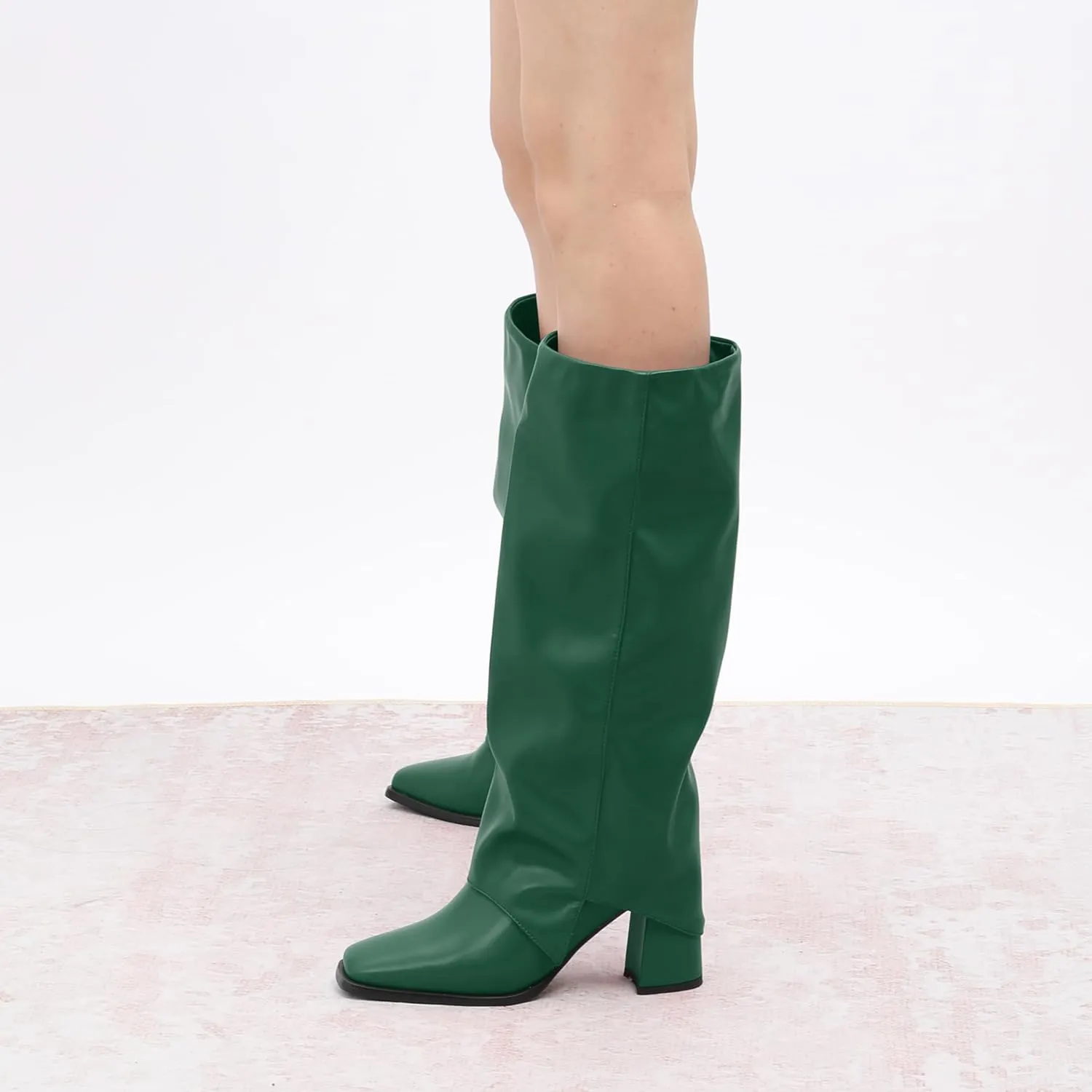 MODENCOCO Women's Knee High Boots Fold Over Wide Calf Boots Square Toe Chunky Block High Heels Long Boots Comfortable Dress Fashion Tall Boots