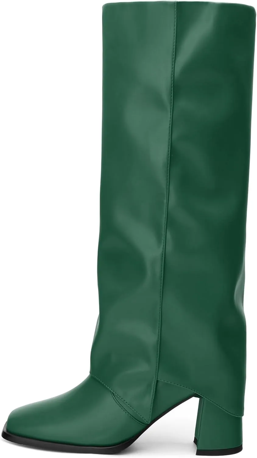 MODENCOCO Women's Knee High Boots Fold Over Wide Calf Boots Square Toe Chunky Block High Heels Long Boots Comfortable Dress Fashion Tall Boots