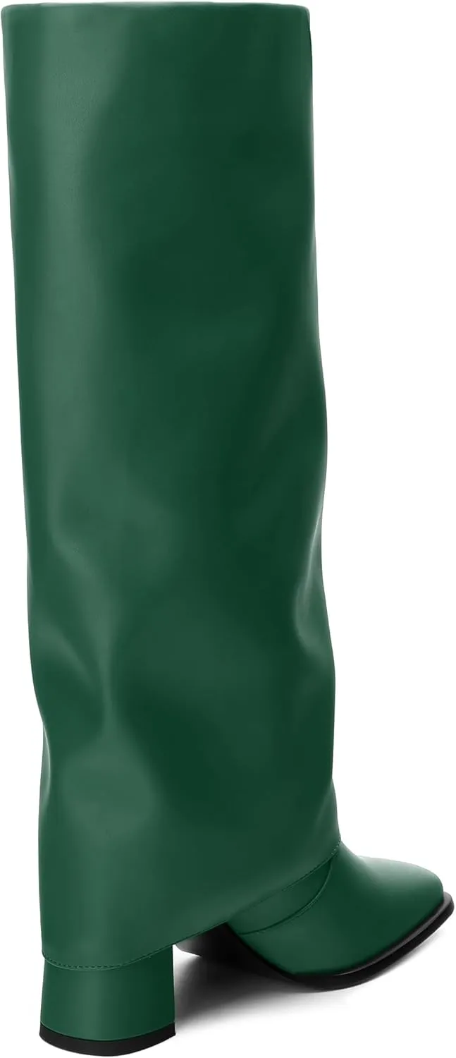 MODENCOCO Women's Knee High Boots Fold Over Wide Calf Boots Square Toe Chunky Block High Heels Long Boots Comfortable Dress Fashion Tall Boots