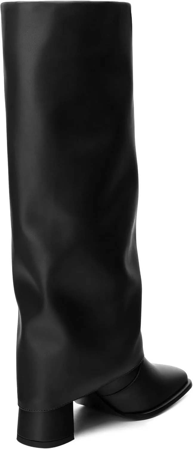 MODENCOCO Women's Knee High Boots Fold Over Wide Calf Boots Square Toe Chunky Block High Heels Long Boots Comfortable Dress Fashion Tall Boots