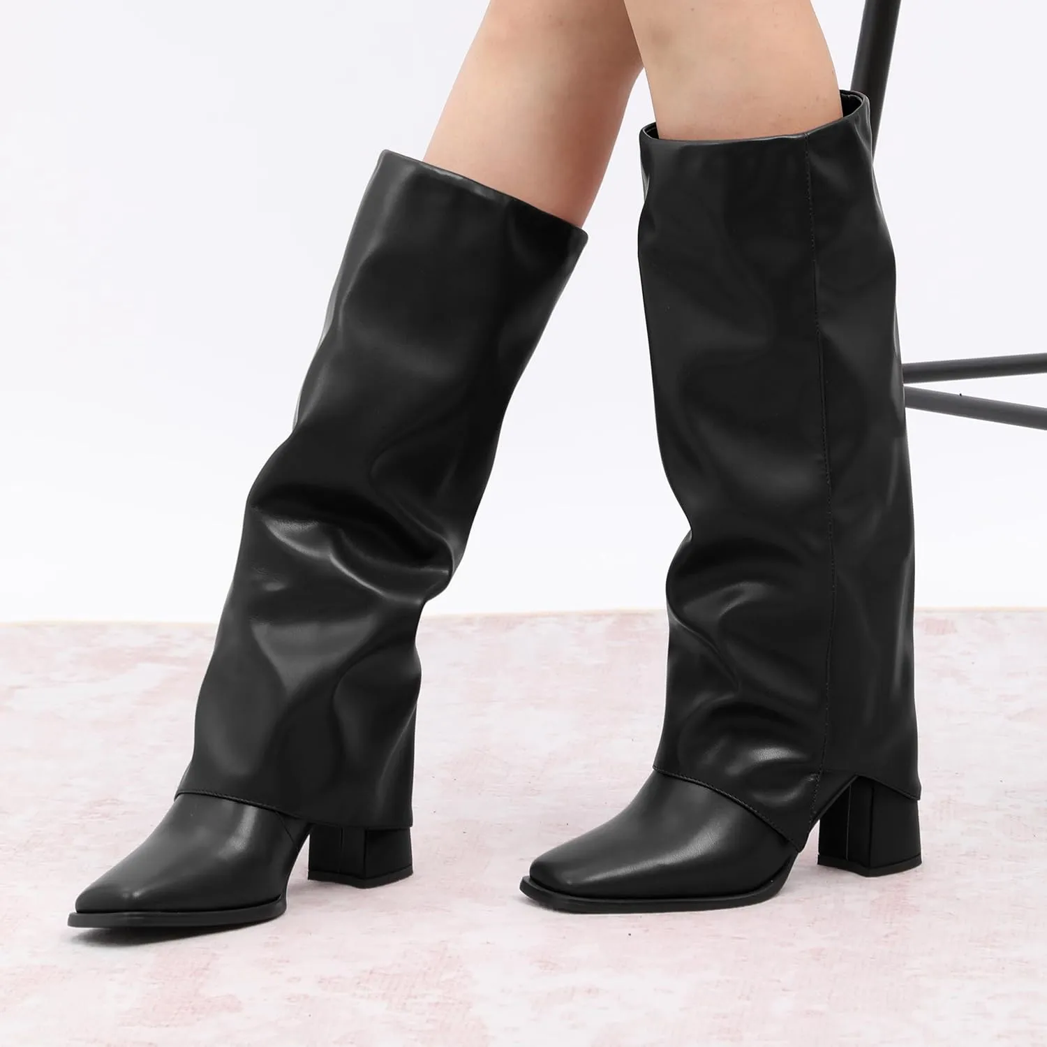 MODENCOCO Women's Knee High Boots Fold Over Wide Calf Boots Square Toe Chunky Block High Heels Long Boots Comfortable Dress Fashion Tall Boots