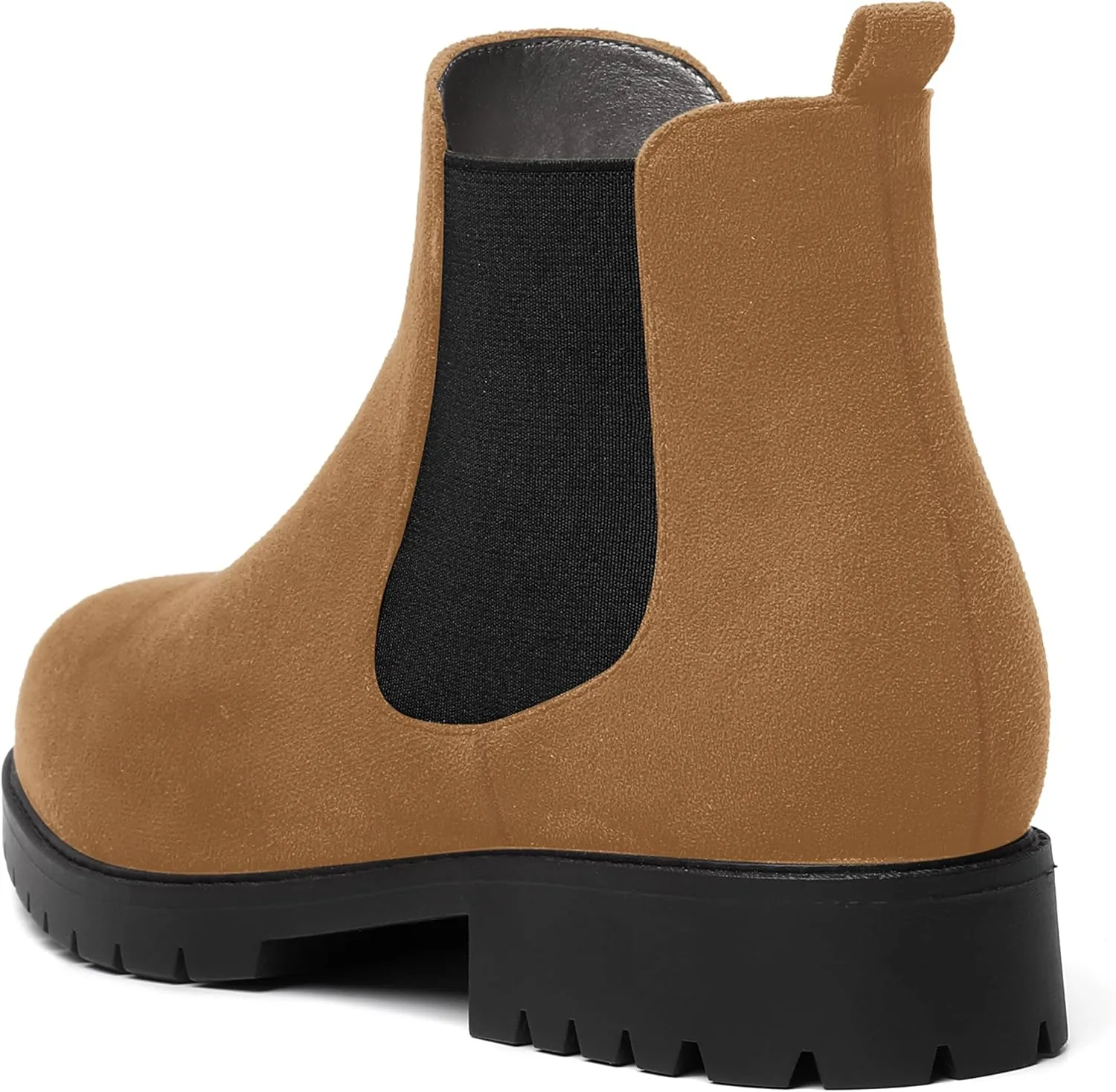 MOVINSTEPS Womens Chelsea Suede Double Elastic Fashion Round Toe Faux Fleece Lining Lug Sole Dating Chunky Low Heel Ankle High Boots 1 Inch