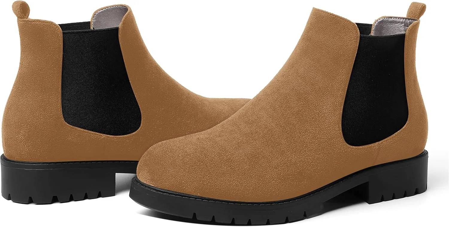 MOVINSTEPS Womens Chelsea Suede Double Elastic Fashion Round Toe Faux Fleece Lining Lug Sole Dating Chunky Low Heel Ankle High Boots 1 Inch