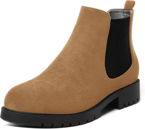 MOVINSTEPS Womens Chelsea Suede Double Elastic Fashion Round Toe Faux Fleece Lining Lug Sole Dating Chunky Low Heel Ankle High Boots 1 Inch