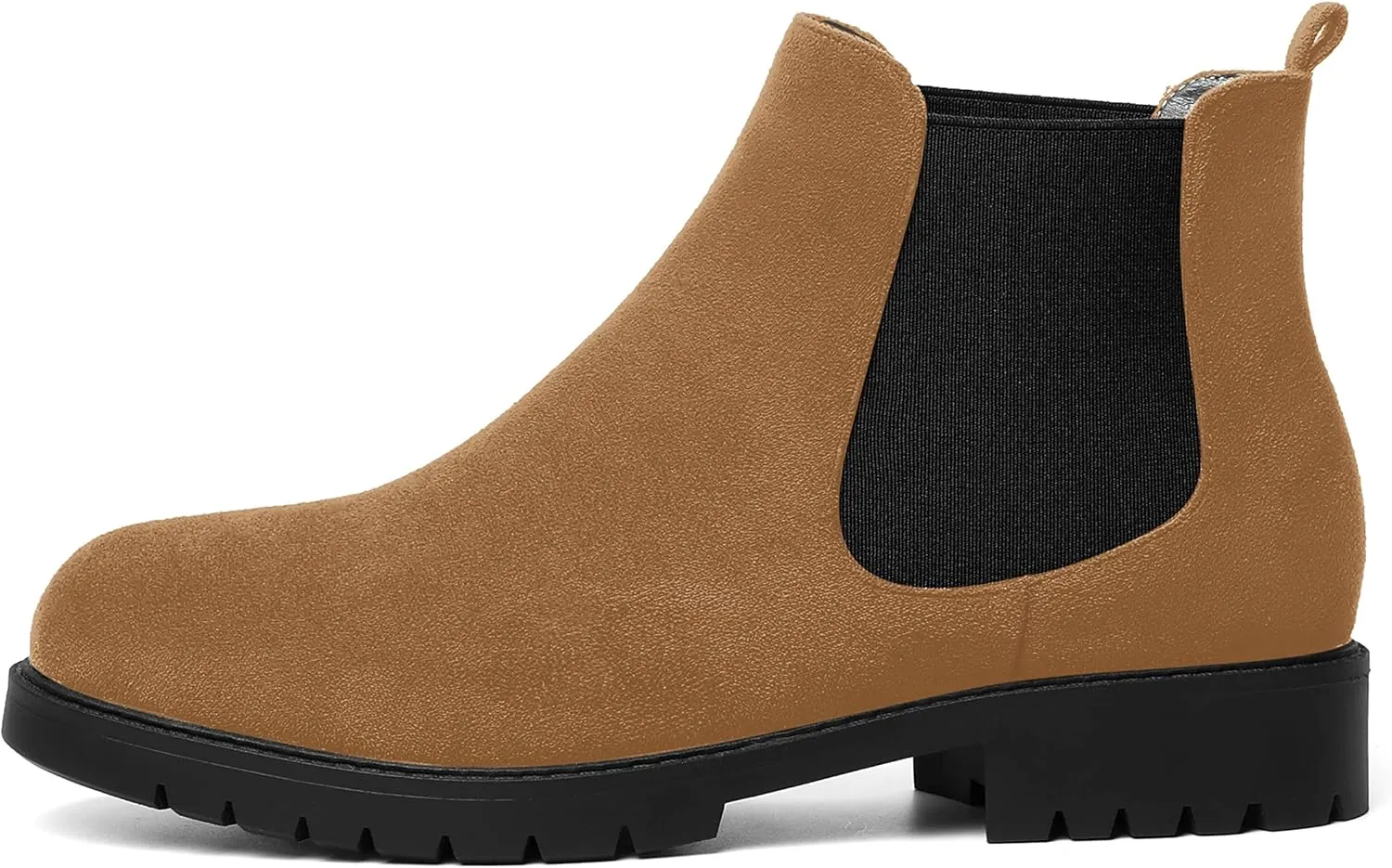 MOVINSTEPS Womens Chelsea Suede Double Elastic Fashion Round Toe Faux Fleece Lining Lug Sole Dating Chunky Low Heel Ankle High Boots 1 Inch