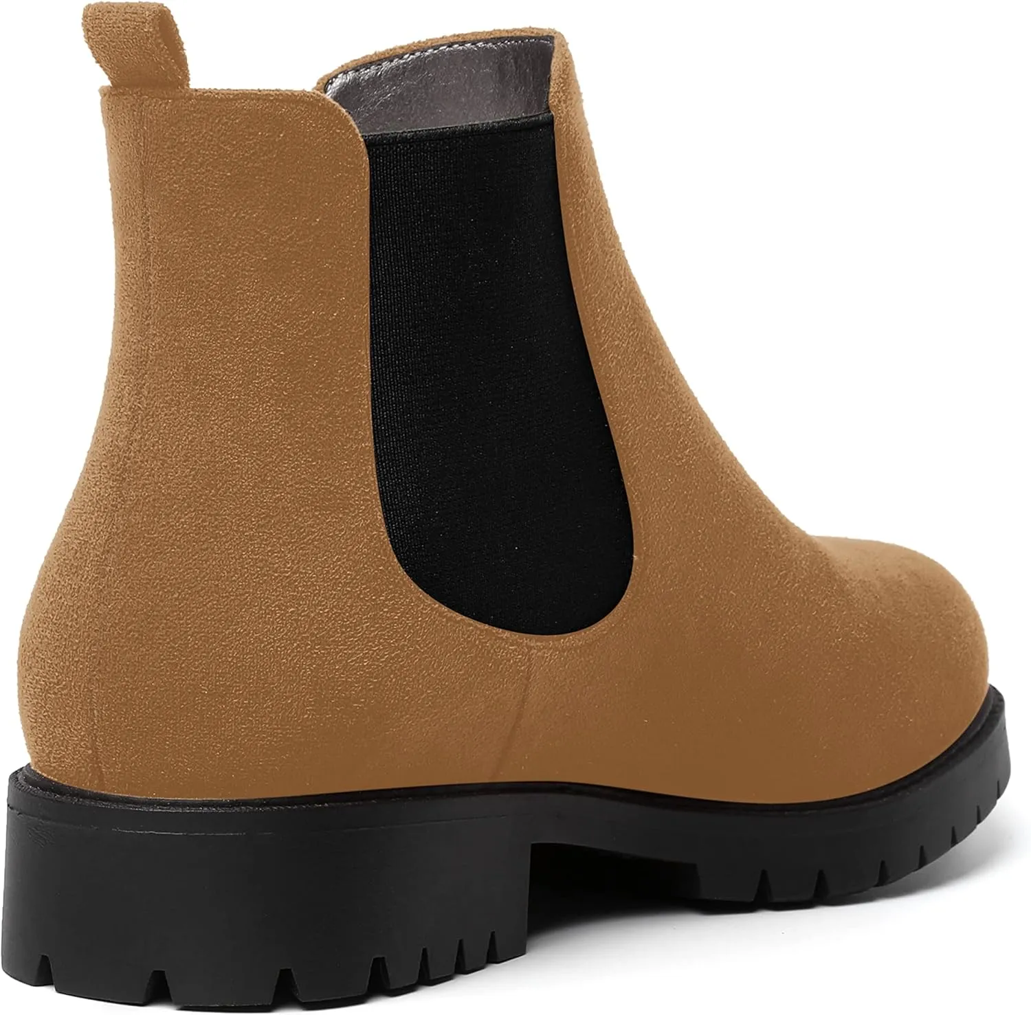 MOVINSTEPS Womens Chelsea Suede Double Elastic Fashion Round Toe Faux Fleece Lining Lug Sole Dating Chunky Low Heel Ankle High Boots 1 Inch