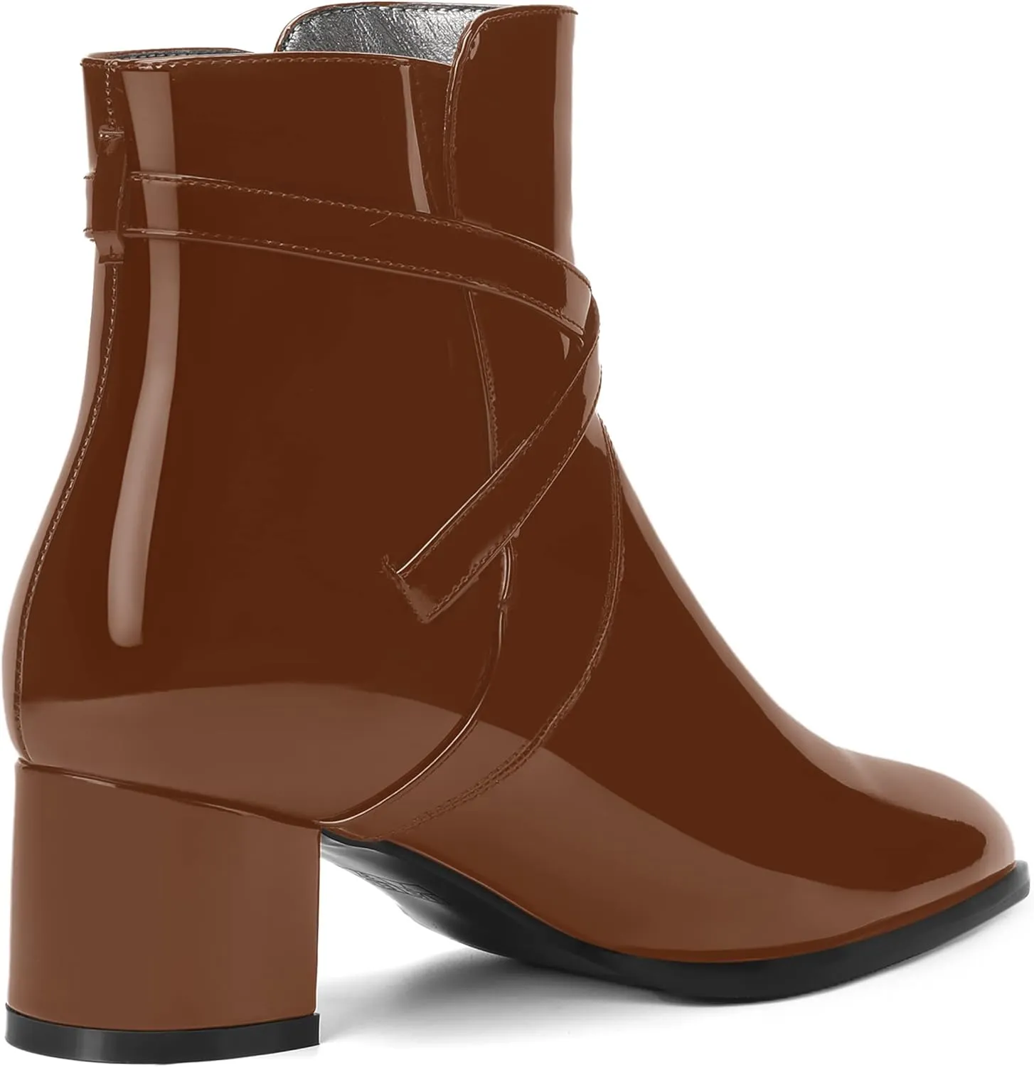MOVINSTEPS Womens Dating Patent Cold Weather Buckle Adjustable Ankle Strap Round Toe Chunky Low Heel Ankle High Boots 2 Inch