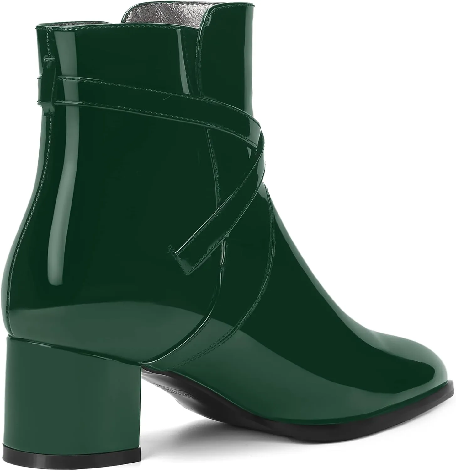 MOVINSTEPS Womens Dating Patent Cold Weather Buckle Adjustable Ankle Strap Round Toe Chunky Low Heel Ankle High Boots 2 Inch
