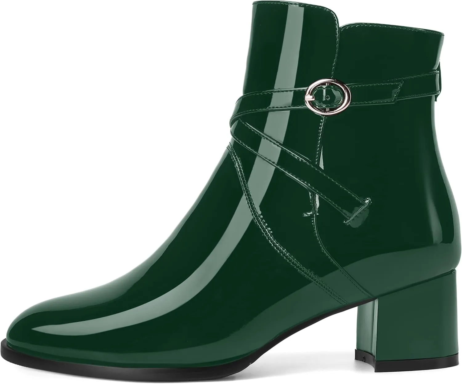 MOVINSTEPS Womens Dating Patent Cold Weather Buckle Adjustable Ankle Strap Round Toe Chunky Low Heel Ankle High Boots 2 Inch