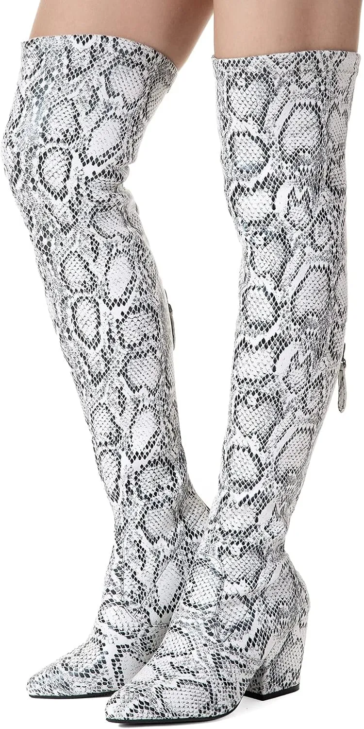 Mtzyoa Thigh High Block Heel Boot Women Pointed Toe Stretch Over The Knee Boots