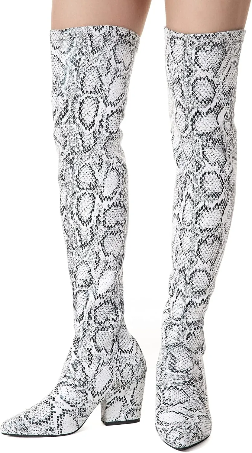 Mtzyoa Thigh High Block Heel Boot Women Pointed Toe Stretch Over The Knee Boots