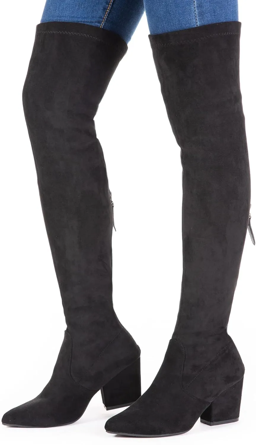 Mtzyoa Thigh High Block Heel Boot Women Pointed Toe Stretch Over The Knee Boots