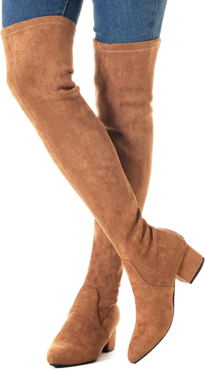 Mtzyoa Thigh High Block Heel Boot Women Pointed Toe Stretch Over The Knee Boots