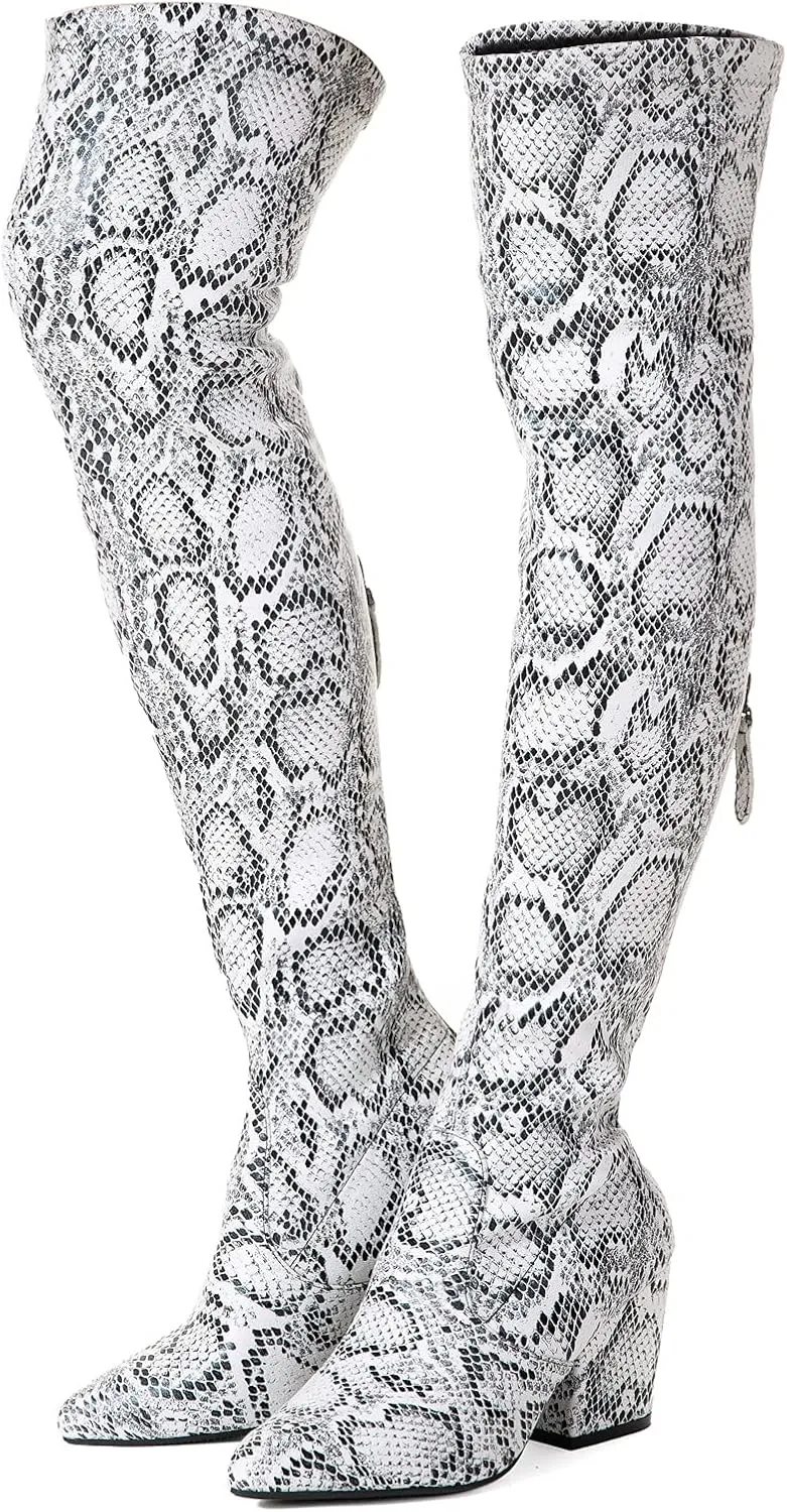 Mtzyoa Thigh High Block Heel Boot Women Pointed Toe Stretch Over The Knee Boots