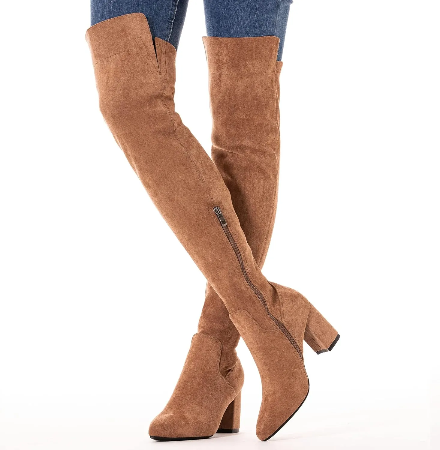 Mtzyoa Women Over The Knee Boots Suede Thigh High Low Block Heel Stretch OTK Walking Comfort
