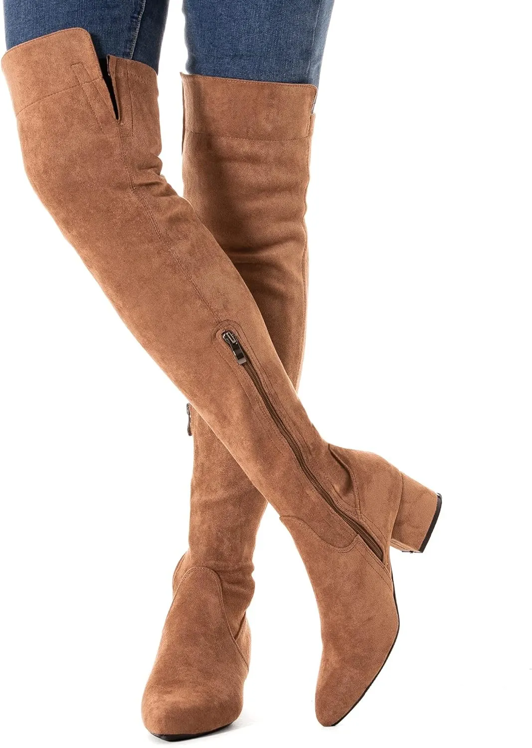 Mtzyoa Women Over The Knee Boots Suede Thigh High Low Block Heel Stretch OTK Walking Comfort