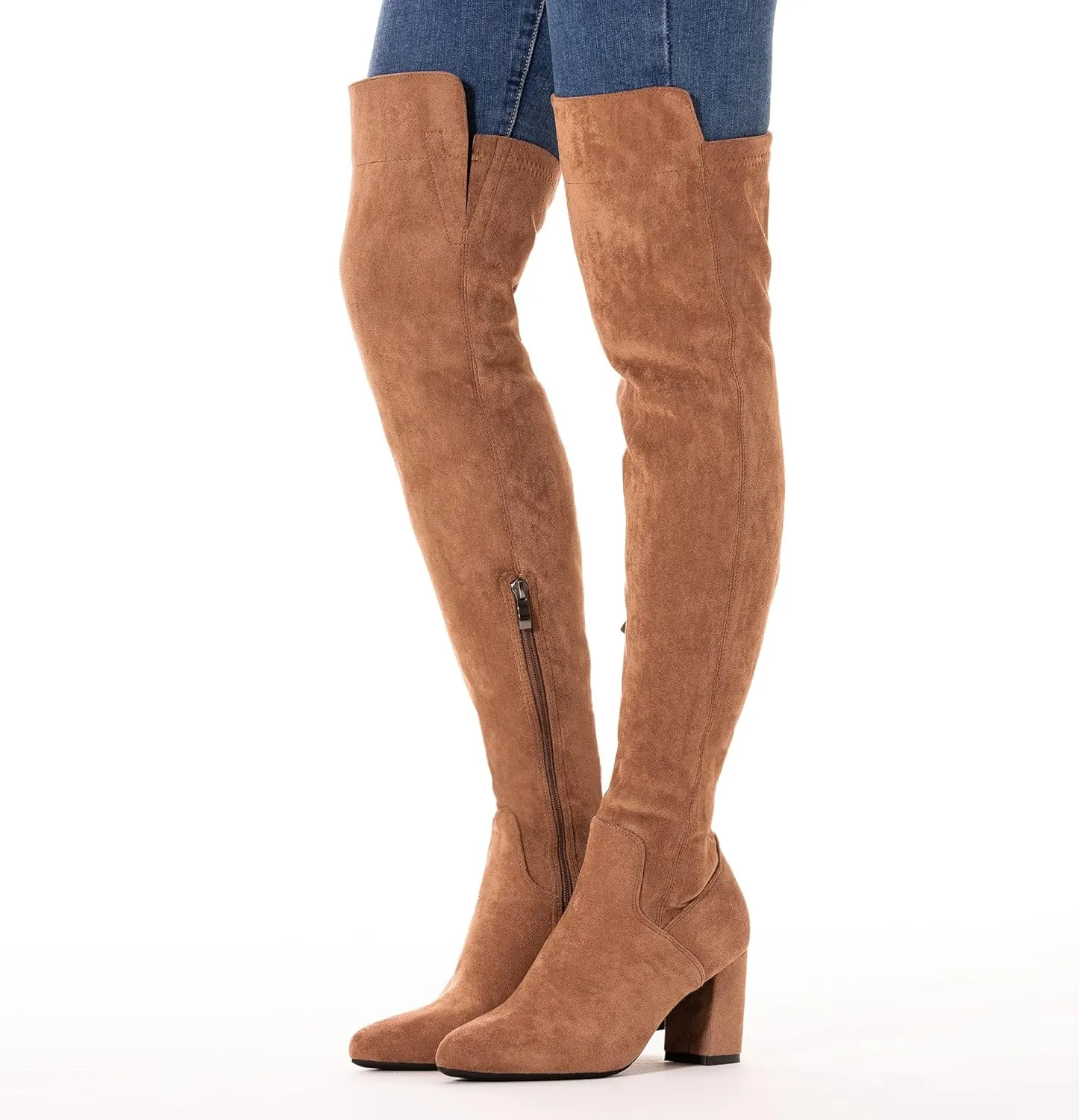 Mtzyoa Women Over The Knee Boots Suede Thigh High Low Block Heel Stretch OTK Walking Comfort
