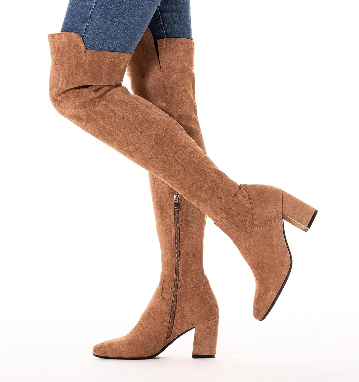Mtzyoa Women Over The Knee Boots Suede Thigh High Low Block Heel Stretch OTK Walking Comfort