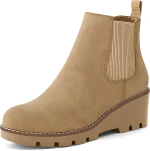 mysoft Women's Chelsea Wedge Booties Platform Lug Sole Elastic Low Wedge Heel Slip On Ankle Boots